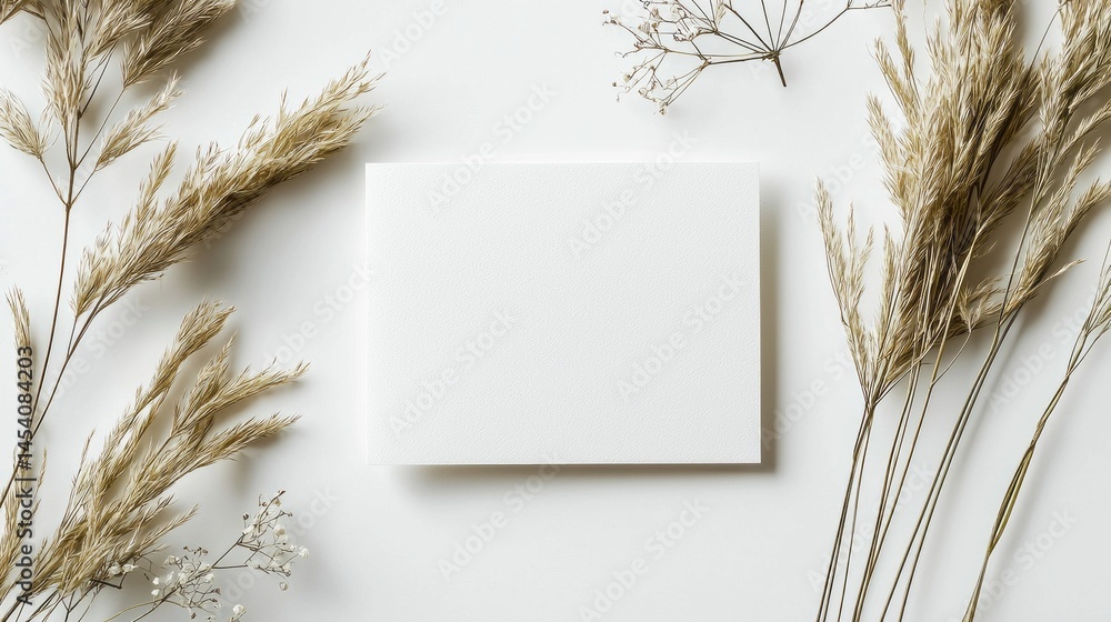 Poster a simple yet elegant arrangement showcases a blank canvas in the center, surrounded by delicate drie