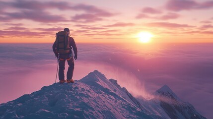 Fototapeta premium Climber reaches the summit of a snow-covered mountain at sunrise in a breathtaking scene