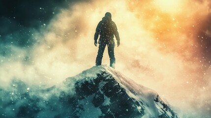 Obraz premium Mountain climber stands triumphantly on snow-covered peak against dramatic sunset and swirling clouds