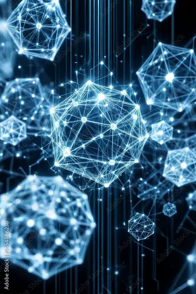 Poster futuristic data visualization with holographic wireframes forming evolving polyhedrons and fractal s