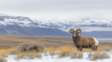 Naklejka premium Majestic Desert Bighorn Ram in Snowy Mountain Landscape