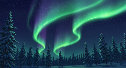 Northern Lights Over Pine Forest Silhouette