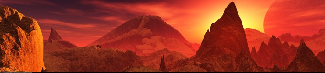 Panorama of Mars at sunset, sunrise above the surface of Mars, Martian landscape, 3d rendering
