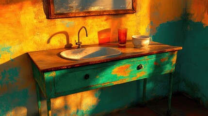 Vintage sink with mirror. Vivid textures, orange-yellow-turquoise walls, strong light/shadows