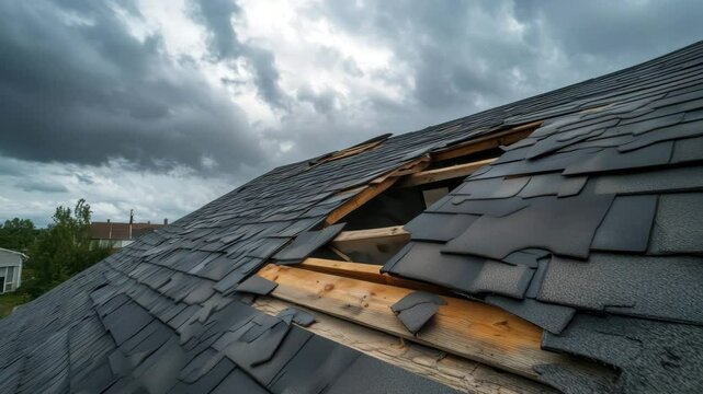 Damaged roof shingles exposing house frame under storm clouds