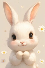 Obraz premium Fluffy white bunny with big eyes and pink cheeks, surrounded by daisies