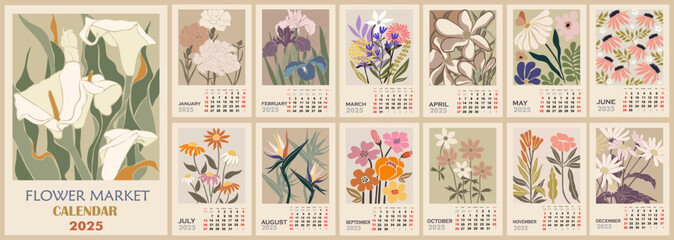Floral calendar template for 2025 . Vertical design with Flower Market retro posters. Vector illustration page template A3, A2 for printable wall monthly calendar. Week starts on Sunday.