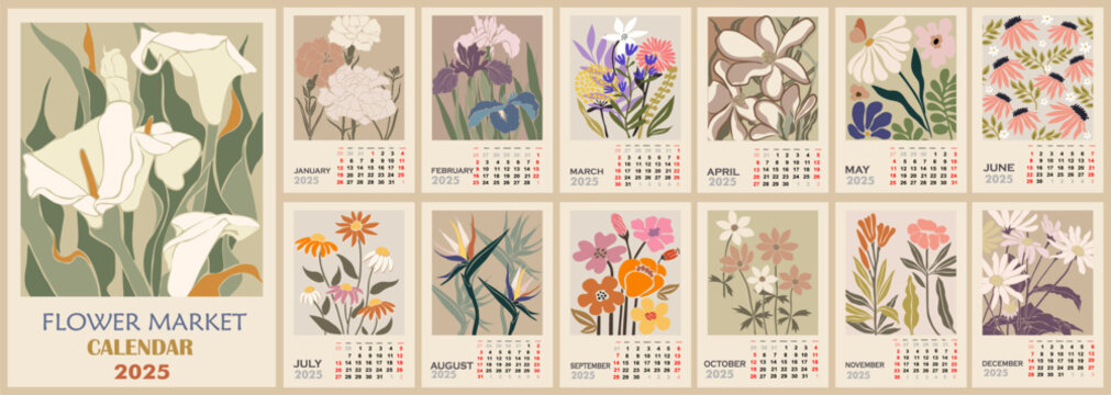Floral calendar template for 2025 . Vertical design with Flower Market retro posters. Vector illustration page template A3, A2 for printable wall monthly calendar. Week starts on Sunday.