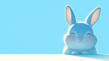 Obraz premium Fluffy white bunny with pink cheeks smiles against a blue background