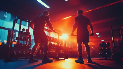 Photograph of two silhouetted men lifting weights in a brightly lit gym.