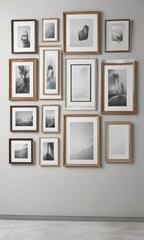 Gallery wall mockup; various frame sizes, styles, white background,  display,  oval