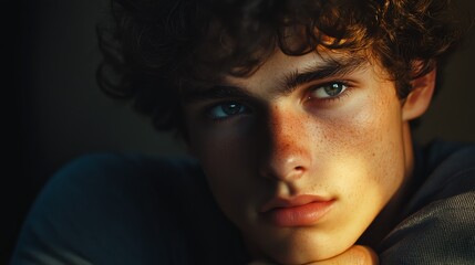 Fototapeta premium Dark portrait photograph of a young man with freckles and intense blue eyes.