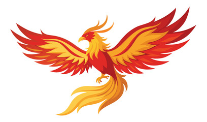 Majestic phoenix illustration. Mythical fire bird with vibrant red and gold plumage, wings spread in flight. Symbol of rebirth and power.