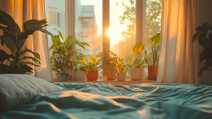 Serene morning light illuminates bedroom plants on windowsill, creating cozy vibe