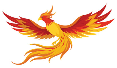 Obraz premium Majestic phoenix illustration. Mythical fire bird with vibrant red and gold plumage, wings spread in flight. Symbol of rebirth and power.