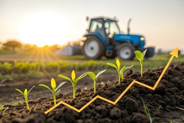 Agricultural Growth Concept with Green Seedlings, Yellow Arrow, and Tractor in Field