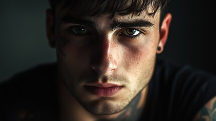 Obraz premium Dark portrait photograph of a young man with intense eyes and subtle facial details.