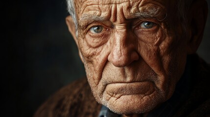 Portrait photograph of an elderly man with deep wrinkles and intense, focused eyes.