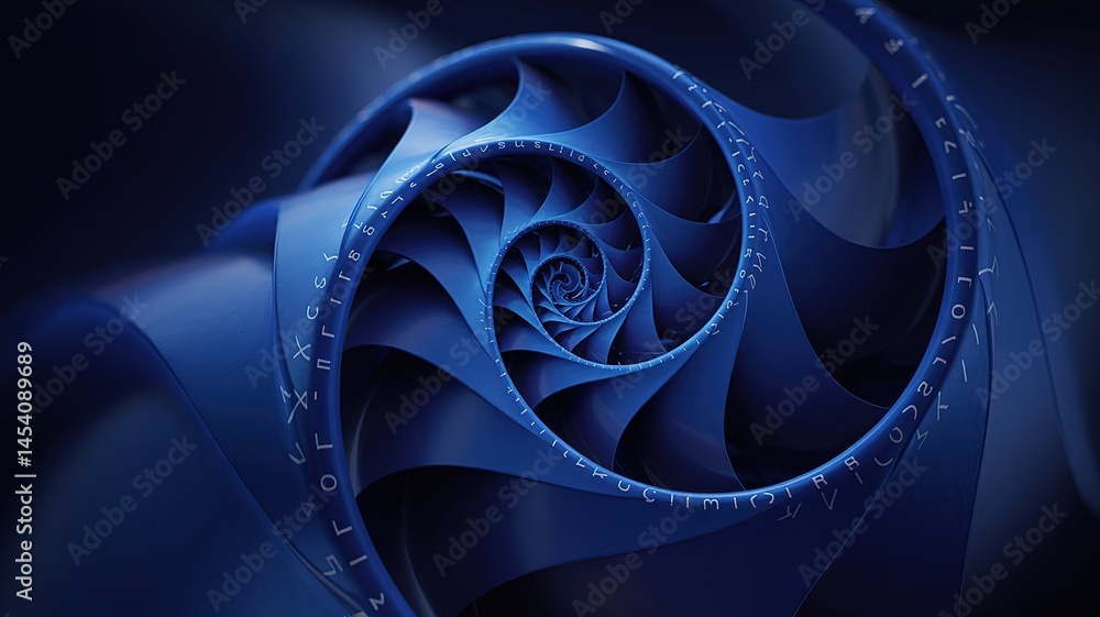 Poster deep blue fractal spiral with ancient script, a mesmerizing abst