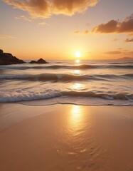 Fototapeta premium Golden sand, gentle waves lapping shore, distant island silhouette against sunset, island, sunset, peaceful