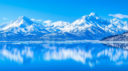Fototapeta premium Snow Mountain Range Reflected in Calm Lake Waters, A Serene Winter Landscape