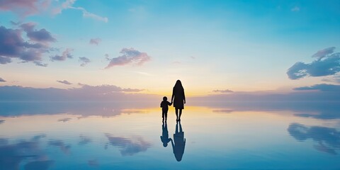 Mother and Child Walking on Reflective Landscape at Sunset/Sunrise