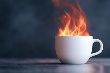A hot cup of coffee with flames rising dramatically from the surface.
