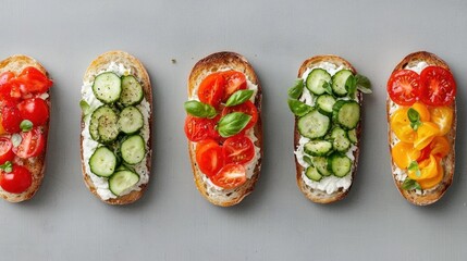 Four slices of bread arranged in a row on a gray background. each slice is topped with a generous amount of cream cheese, sliced cucumbers, cherry tomatoes, and basil leaves.