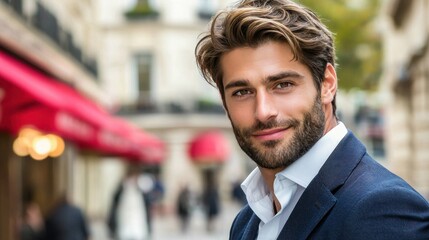Stylish man poses in an outdoor setting surrounded by historic architecture and vibrant atmosphere in a bustling city