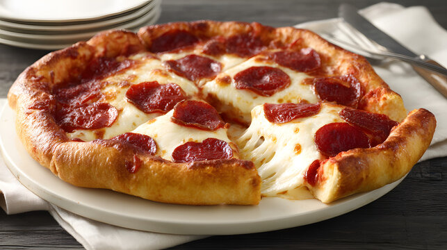 Classic Pepperoni Pizza with Mozzarella Cheese and Stuffed Crust on a White Plate Ready to Serve