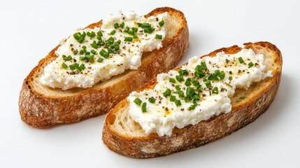 Two pieces of bread with a creamy white substance on top. the bread appears to be toasted and has a golden brown crust.