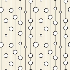 Vector seamless pattern featuring vertical lines with hanging circles of various sizes. The hand-drawn black outlines on a light background create a playful, modern, and minimalistic design