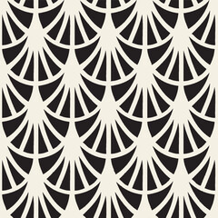 Vector seamless pattern featuring overlapping fan or shell-like shapes arranged in a rhythmic, vertical flow. The black graphic elements on a light background create a sense of movement and visual tex