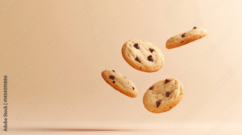 Poster four delicious chocolate chip cookies levitating against a warm, inviting backdrop, creating a visua