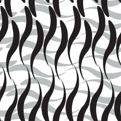 A seamless pattern featuring bold wavy vertical stripes in black on a beige background. The flowing, organic curves create a sense of motion and visual rhythm