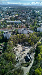 View of Westpark and part of Munich city from above. A sunny day after a rain. Aerial drone shot. Trees and bushes are still partially leafless. Spring has arrived.