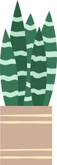 Simple illustration of a snake plant with long, pointed, green leaves with light green stripes, growing in a light brown pot with horizontal beige stripes