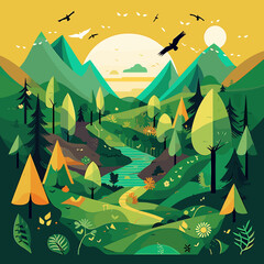 AVector illustration depicting beautiful and untouched nature: forests, mountains, rivers, clear sky and green landscapes. Symbol of environmental preservation and harmony withdobe Illustrator Artwork