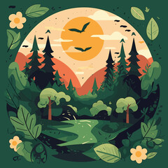 AVector illustration depicting beautiful and untouched nature: forests, mountains, rivers, clear sky and green landscapes. Symbol of environmental preservation and harmony withdobe Illustrator Artwork
