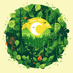 AVector illustration depicting beautiful and untouched nature: forests, mountains, rivers, clear sky and green landscapes. Symbol of environmental preservation and harmony withdobe Illustrator Artwork