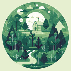 AVector illustration depicting beautiful and untouched nature: forests, mountains, rivers, clear sky and green landscapes. Symbol of environmental preservation and harmony withdobe Illustrator Artwork