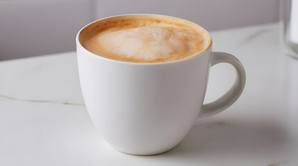Fototapeta premium Classic Brewed Coffee in a White Cup with Creamy Foam on a Light Marble Surface