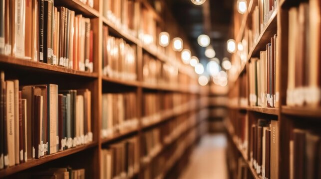 Timeless Knowledge: Old Books on Wooden Shelves, a Quiet Library Ambiance