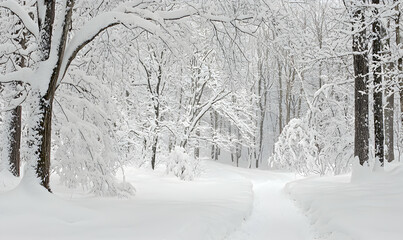 Obraz premium A winter wonderland scene with snow-covered trees and a path leading into a serene forest