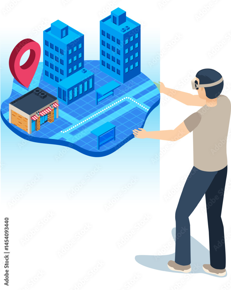 Poster man wearing a virtual reality headset interacts with a holographic 3d map displaying location pins, 