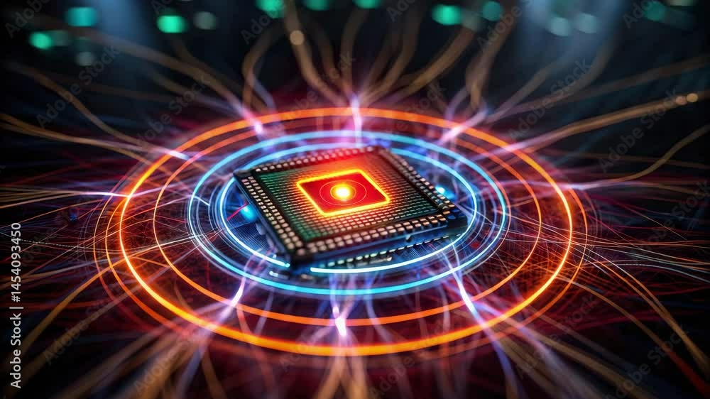 Poster a vibrant, abstract depiction of a microchip surrounded by glowing circuits, symbolizing advanced te