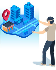 Man wearing a virtual reality headset interacts with a holographic 3D map displaying location pins, buildings, streets, and bus stops, illustrating augmented reality and smart city navigation