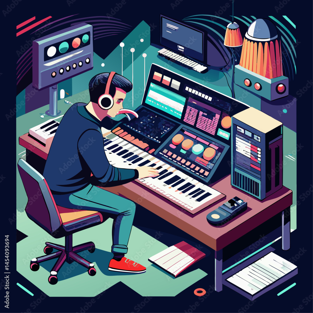 Poster a man is sitting at a keyboard in front of a monitor. he is wearing headphones and he is working on 