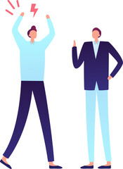Office worker raising arms and shouting with a red lightning over the head while arguing with a calm colleague, gesturing with hand in a business conflict or fight