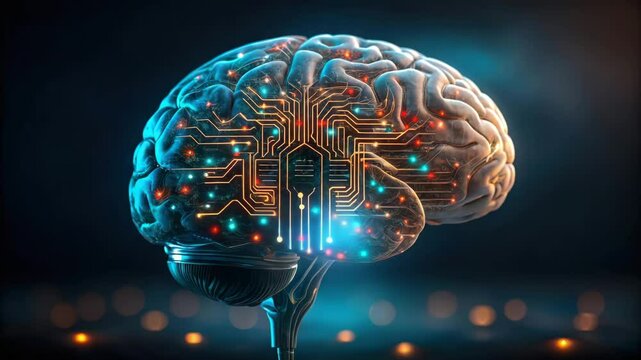 A futuristic brain with circuitry, symbolizing the intersection of biology and technology in artificial intelligence.
